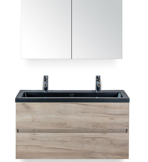 Badmeubelset 100 cm breed - bestaande uit: wastafelkast 2 laden greeploos, keramische wastafel Djazz in zwart mat met 2 kraangaten en spiegelkast