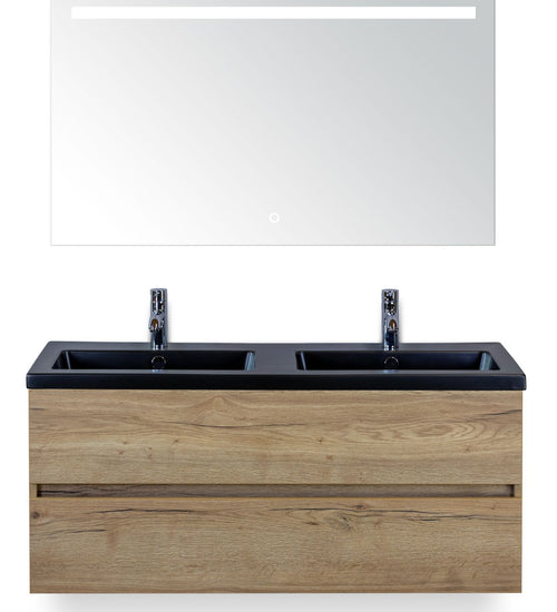 Badmeubelset 120 cm breed - bestaande uit: wastafelkast 2 laden greeploos, dubbele keramische wastafel Djazz in zwart mat en spiegel met één horizontale verlichtingsbalk (LED)