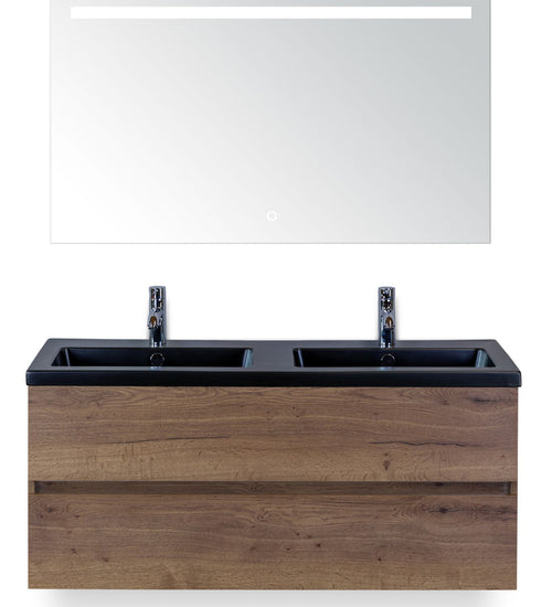 Badmeubelset 120 cm breed - bestaande uit: wastafelkast 2 laden greeploos, dubbele keramische wastafel Djazz in zwart mat en spiegel met één horizontale verlichtingsbalk (LED)