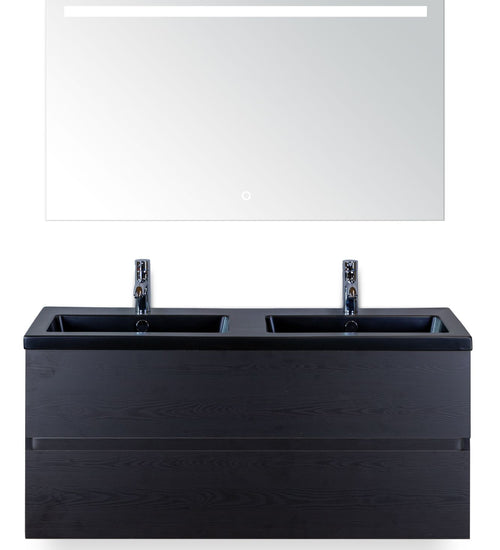 Badmeubelset 120 cm breed - bestaande uit: wastafelkast 2 laden greeploos, dubbele keramische wastafel Djazz in zwart mat en spiegel met één horizontale verlichtingsbalk (LED)
