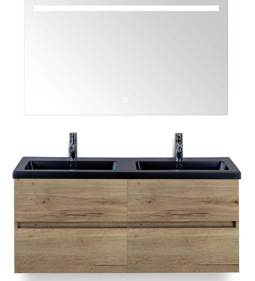 Badmeubelset 120 cm breed - bestaande uit: wastafelkast 4 laden greeploos, dubbele keramische wastafel Djazz in zwart mat en spiegel met één horizontale verlichtingsbalk (LED)