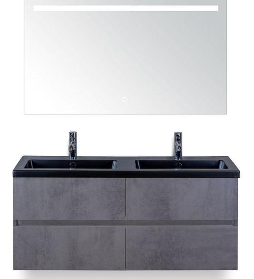 Badmeubelset 120 cm breed - bestaande uit: wastafelkast 4 laden greeploos, dubbele keramische wastafel Djazz in zwart mat en spiegel met één horizontale verlichtingsbalk (LED)