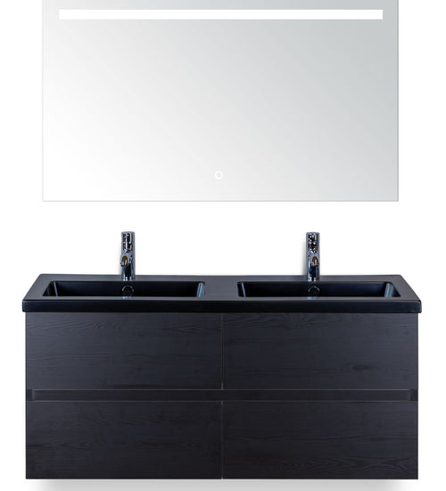 Badmeubelset 120 cm breed - bestaande uit: wastafelkast 4 laden greeploos, dubbele keramische wastafel Djazz in zwart mat en spiegel met één horizontale verlichtingsbalk (LED)