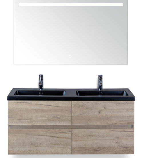 Badmeubelset 120 cm breed - bestaande uit: wastafelkast 4 laden greeploos, dubbele keramische wastafel Djazz in zwart mat en spiegel met één horizontale verlichtingsbalk (LED)