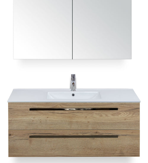 Badmeubelset 120 cm breed - bestaande uit: wastafelkast 2 laden, enkele keramische wastafel Enjoy met één kraangat en spiegelkast