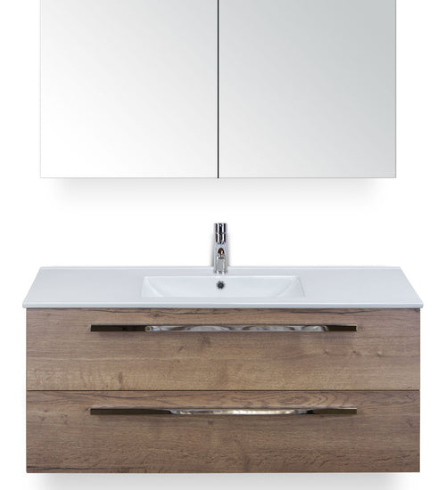 Badmeubelset 120 cm breed - bestaande uit: wastafelkast 2 laden, enkele keramische wastafel Enjoy met één kraangat en spiegelkast