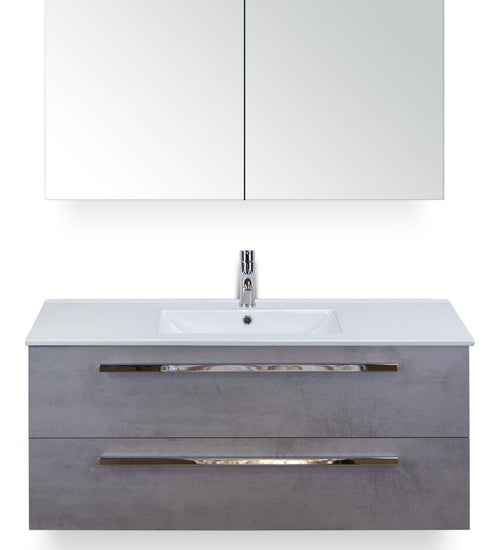 Badmeubelset 120 cm breed - bestaande uit: wastafelkast 2 laden, enkele keramische wastafel Enjoy met één kraangat en spiegelkast