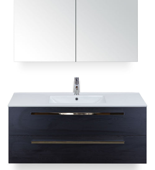 Badmeubelset 120 cm breed - bestaande uit: wastafelkast 2 laden, enkele keramische wastafel Enjoy met één kraangat en spiegelkast