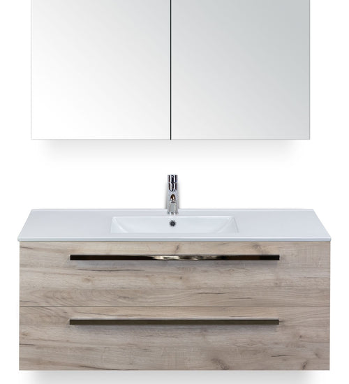 Badmeubelset 120 cm breed - bestaande uit: wastafelkast 2 laden, enkele keramische wastafel Enjoy met één kraangat en spiegelkast