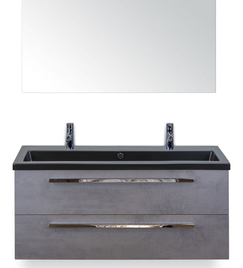 Badmeubelset 120 cm breed - bestaande uit: wastafelkast 2 laden, enkele keramische wastafel Djazz met twee kraangaten in zwart mat en spiegel