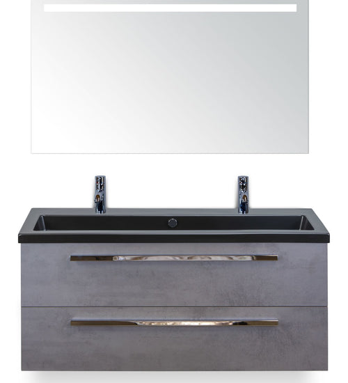 Badmeubelset 120 cm breed - bestaande uit: wastafelkast 2 laden, enkele keramische wastafel Djazz met twee kraangaten in zwart mat en spiegel met één horizontale verlichtingsbalk (LED)