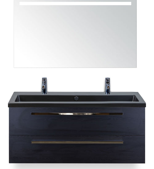 Badmeubelset 120 cm breed - bestaande uit: wastafelkast 2 laden, enkele keramische wastafel Djazz met twee kraangaten in zwart mat en spiegel met één horizontale verlichtingsbalk (LED)