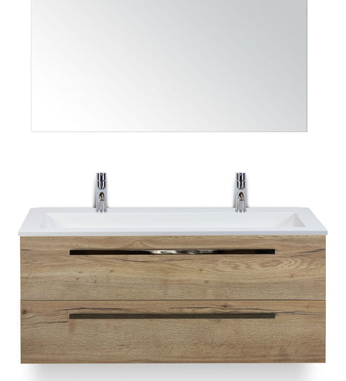 Badmeubelset 120 cm breed - bestaande uit: wastafelkast 2 laden, enkele kunststeen wastafel Thin met twee kraangaten en spiegel