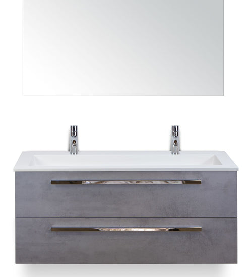 Badmeubelset 120 cm breed - bestaande uit: wastafelkast 2 laden, enkele kunststeen wastafel Thin met twee kraangaten en spiegel