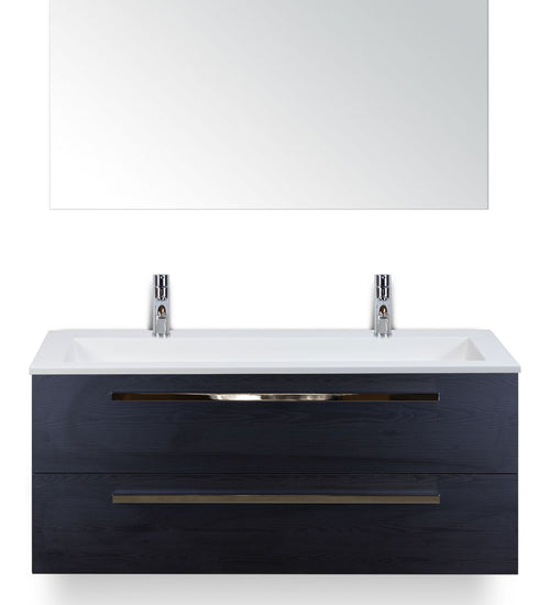 Badmeubelset 120 cm breed - bestaande uit: wastafelkast 2 laden, enkele kunststeen wastafel Thin met twee kraangaten en spiegel