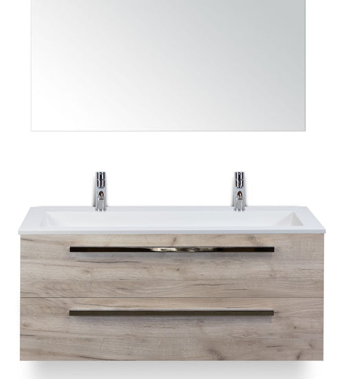 Badmeubelset 120 cm breed - bestaande uit: wastafelkast 2 laden, enkele kunststeen wastafel Thin met twee kraangaten en spiegel