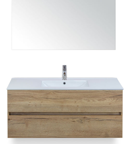 Badmeubelset 120 cm breed - bestaande uit: wastafelkast 2 laden greeploos, enkele keramische wastafel Enjoy met één kraangat en spiegel