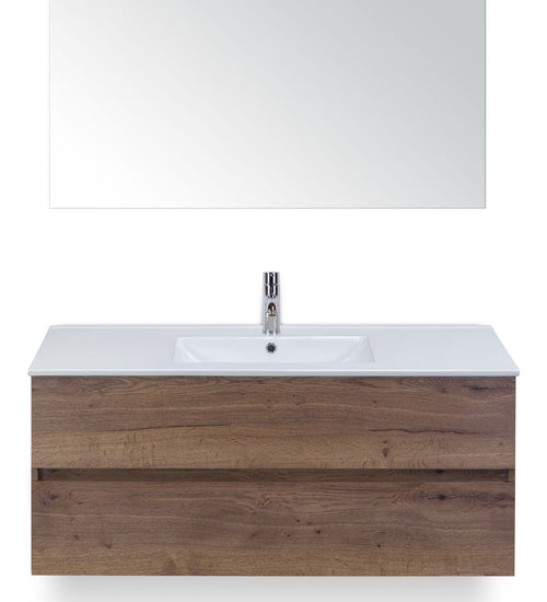 Badmeubelset 120 cm breed - bestaande uit: wastafelkast 2 laden greeploos, enkele keramische wastafel Enjoy met één kraangat en spiegel