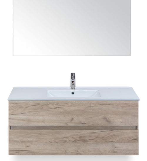 Badmeubelset 120 cm breed - bestaande uit: wastafelkast 2 laden greeploos, enkele keramische wastafel Enjoy met één kraangat en spiegel