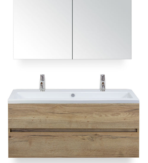 Badmeubelset 120 cm breed - bestaande uit: wastafelkast 2 laden greeploos, enkele keramische wastafel Djazz met twee kraangaten en spiegelkast