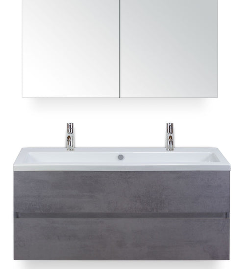 Badmeubelset 120 cm breed - bestaande uit: wastafelkast 2 laden greeploos, enkele keramische wastafel Djazz met twee kraangaten en spiegelkast