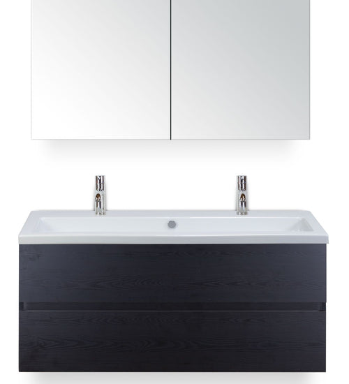 Badmeubelset 120 cm breed - bestaande uit: wastafelkast 2 laden greeploos, enkele keramische wastafel Djazz met twee kraangaten en spiegelkast