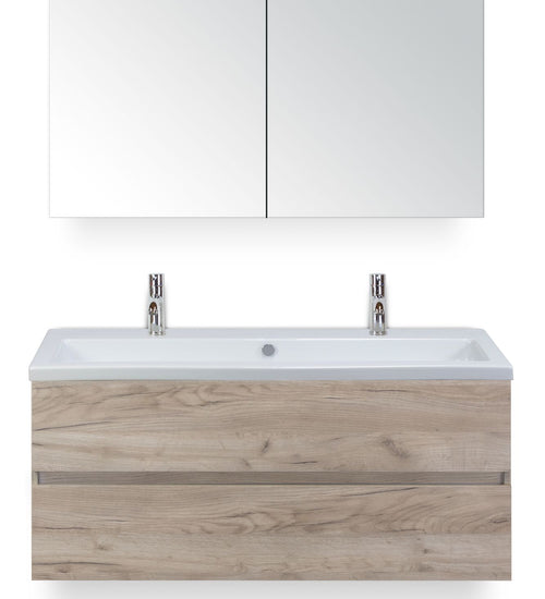 Badmeubelset 120 cm breed - bestaande uit: wastafelkast 2 laden greeploos, enkele keramische wastafel Djazz met twee kraangaten en spiegelkast