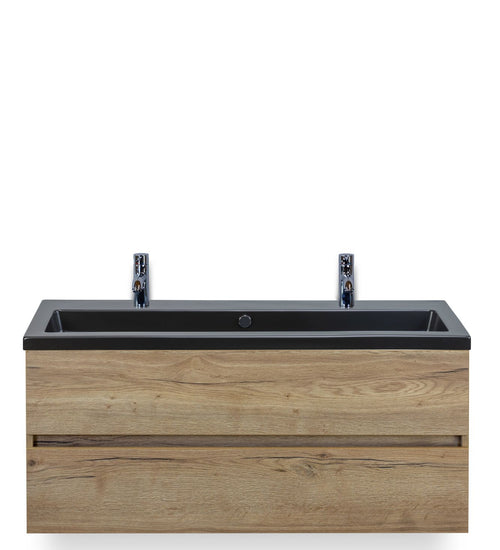 Badmeubelset 120 cm breed - bestaande uit: wastafelkast 2 laden greeploos en enkele keramische wastafel Djazz met twee kraangaten in zwart mat