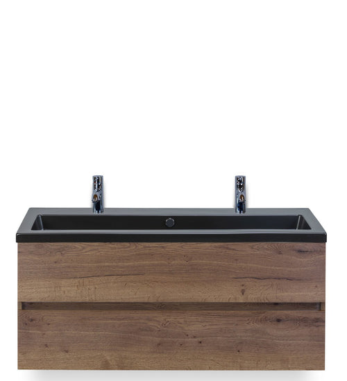 Badmeubelset 120 cm breed - bestaande uit: wastafelkast 2 laden greeploos en enkele keramische wastafel Djazz met twee kraangaten in zwart mat