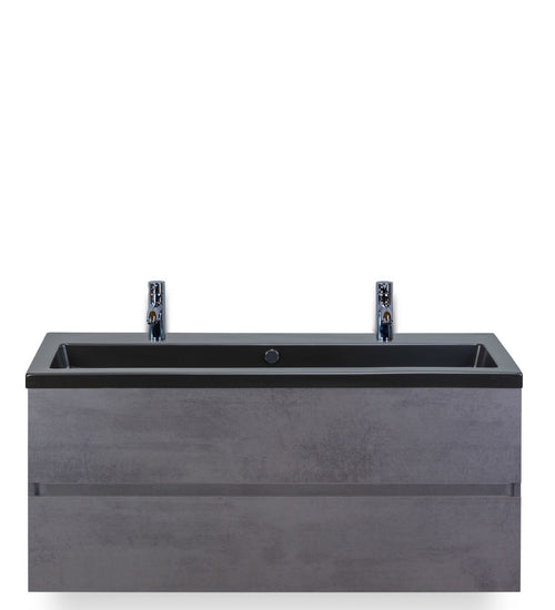 Badmeubelset 120 cm breed - bestaande uit: wastafelkast 2 laden greeploos en enkele keramische wastafel Djazz met twee kraangaten in zwart mat