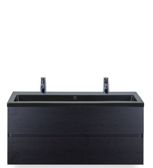 Badmeubelset 120 cm breed - bestaande uit: wastafelkast 2 laden greeploos en enkele keramische wastafel Djazz met twee kraangaten in zwart mat