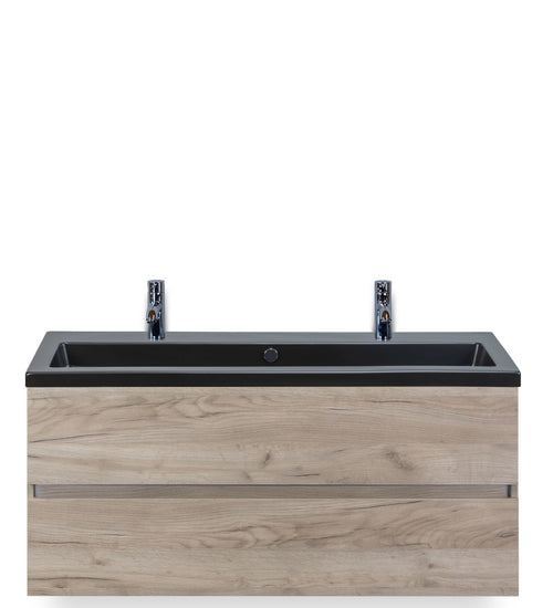 Badmeubelset 120 cm breed - bestaande uit: wastafelkast 2 laden greeploos en enkele keramische wastafel Djazz met twee kraangaten in zwart mat