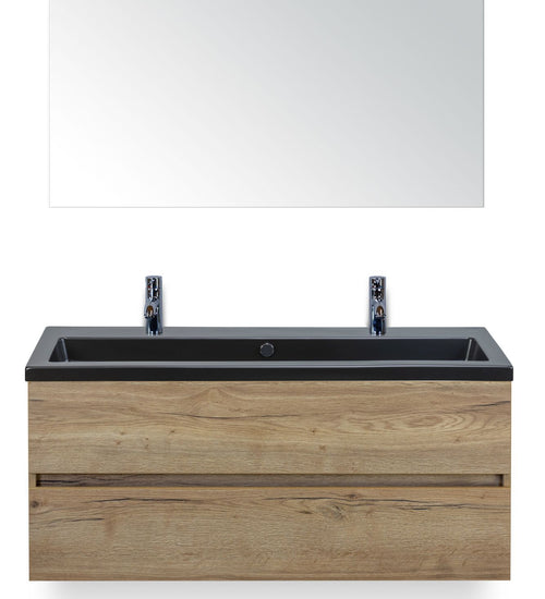 Badmeubelset 120 cm breed - bestaande uit: wastafelkast 2 laden greeploos, enkele keramische wastafel Djazz met twee kraangaten in zwart mat en spiegel