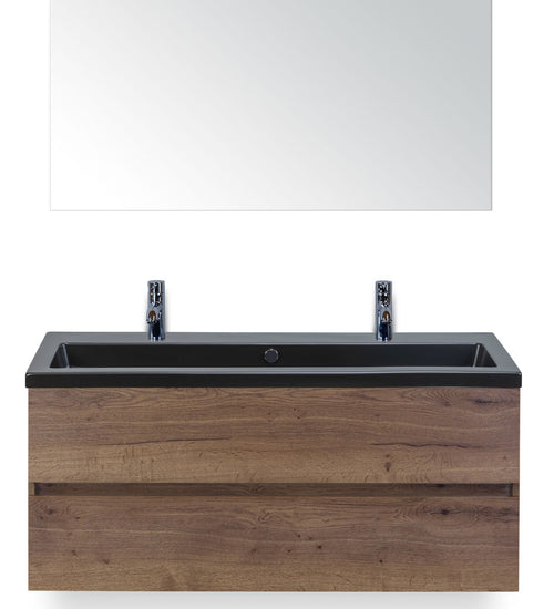 Badmeubelset 120 cm breed - bestaande uit: wastafelkast 2 laden greeploos, enkele keramische wastafel Djazz met twee kraangaten in zwart mat en spiegel