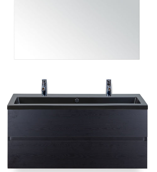 Badmeubelset 120 cm breed - bestaande uit: wastafelkast 2 laden greeploos, enkele keramische wastafel Djazz met twee kraangaten in zwart mat en spiegel