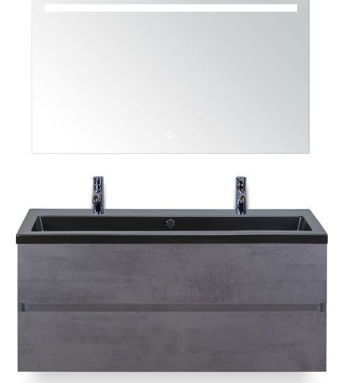 Badmeubelset 120 cm breed - bestaande uit: wastafelkast 2 laden greeploos, enkele keramische wastafel Djazz met twee kraangaten in zwart mat en spiegel met één horizontale verlichtingsbalk (LED)