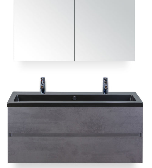 Badmeubelset 120 cm breed - bestaande uit: wastafelkast 2 laden greeploos, enkele keramische wastafel Djazz met twee kraangaten in zwart mat en spiegelkast