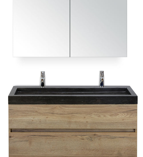 Badmeubelset 120 cm breed - bestaande uit: wastafelkast 2 laden greeploos, enkele hardstenen wastafel met twee kraangaten en spiegelkast