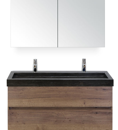 Badmeubelset 120 cm breed - bestaande uit: wastafelkast 2 laden greeploos, enkele hardstenen wastafel met twee kraangaten en spiegelkast