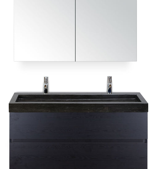 Badmeubelset 120 cm breed - bestaande uit: wastafelkast 2 laden greeploos, enkele hardstenen wastafel met twee kraangaten en spiegelkast