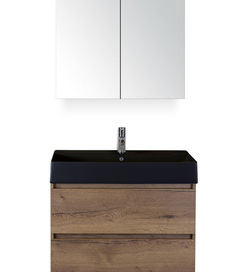 Badmeubelset 80 cm breed - bestaande uit: wastafelkast 2 laden, keramische wastafel Kube zwart met één kraangat en spiegelkast