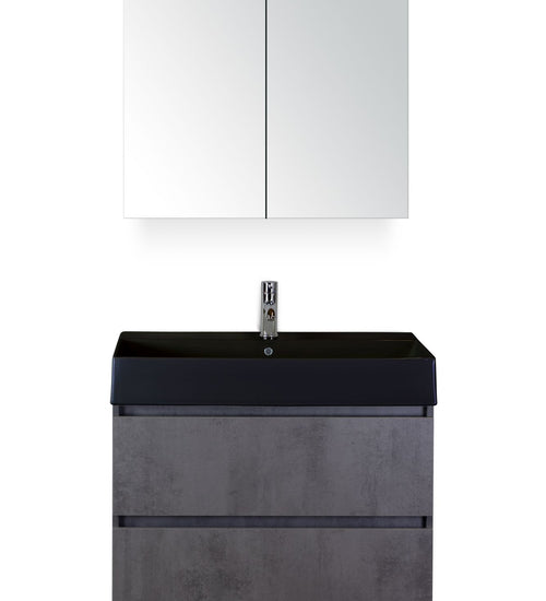Badmeubelset 80 cm breed - bestaande uit: wastafelkast 2 laden, keramische wastafel Kube zwart met één kraangat en spiegelkast