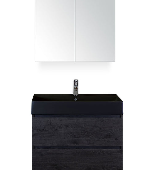 Badmeubelset 80 cm breed - bestaande uit: wastafelkast 2 laden, keramische wastafel Kube zwart met één kraangat en spiegelkast