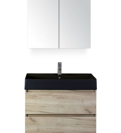 Badmeubelset 80 cm breed - bestaande uit: wastafelkast 2 laden, keramische wastafel Kube zwart met één kraangat en spiegelkast