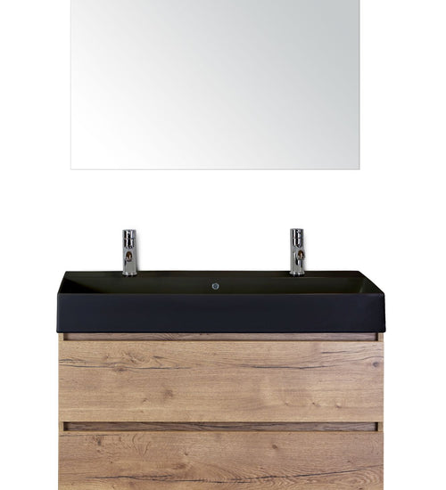 Badmeubelset 100 cm breed - bestaande uit: wastafelkast 2 laden, keramische wastafel Kube zwart met twee kraangaten en standaard spiegel