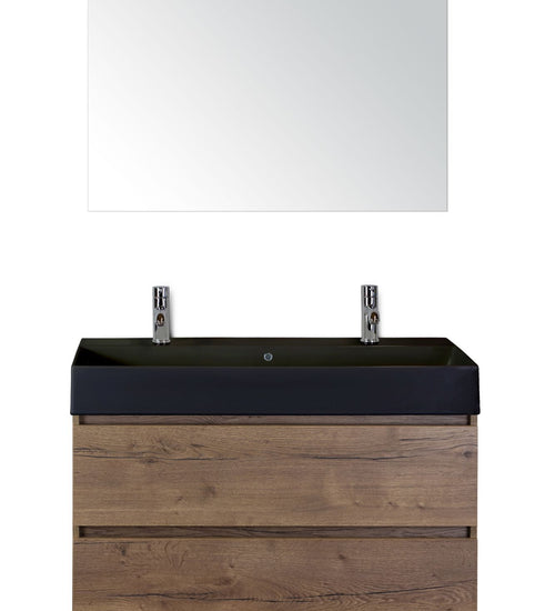 Badmeubelset 100 cm breed - bestaande uit: wastafelkast 2 laden, keramische wastafel Kube zwart met twee kraangaten en standaard spiegel