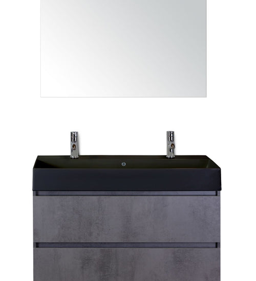 Badmeubelset 100 cm breed - bestaande uit: wastafelkast 2 laden, keramische wastafel Kube zwart met twee kraangaten en standaard spiegel