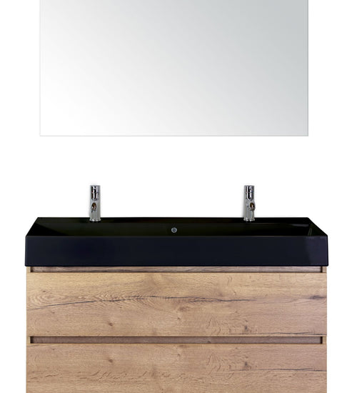 Badmeubelset 120 cm breed - bestaande uit: wastafelkast 2 laden, enkele keramische wastafel Kube zwart met twee kraangaten en standaard spiegel
