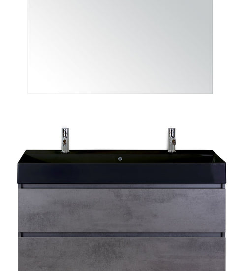 Badmeubelset 120 cm breed - bestaande uit: wastafelkast 2 laden, enkele keramische wastafel Kube zwart met twee kraangaten en standaard spiegel