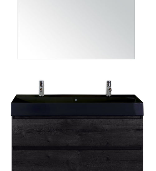 Badmeubelset 120 cm breed - bestaande uit: wastafelkast 2 laden, enkele keramische wastafel Kube zwart met twee kraangaten en standaard spiegel